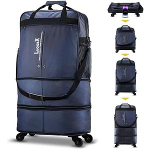 LUGGEX Suitcases with Wheels, Expandable Collapsible Luggage Rolling Travel Duffle Bag without Telescopic Handle, Foldable Large Weekender Bag for Men Women, Blue