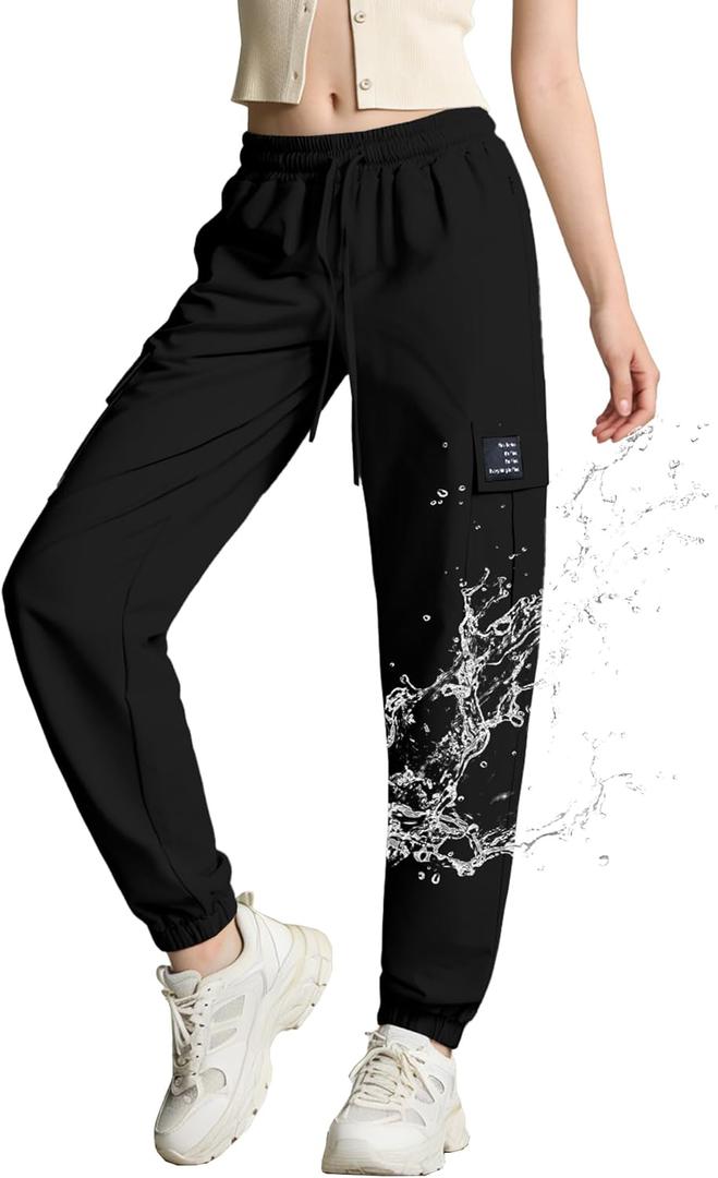 SANGTREE Hiking Pants Water Resistant Quick Dry Lightweight Golf Cargo Safari Joggers Pockets for Girls & Women (Black)