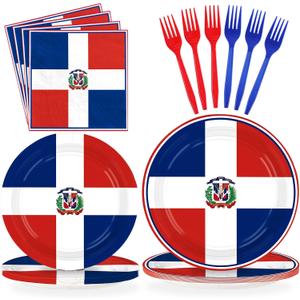 96Pcs Dominican Republic Flag Party Decorations Dominican National Plates and Napkins Red White and Blue Flag Tableware Set for Patriotic Country Festival Party Supplies Serves 24