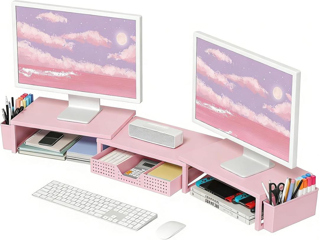 OPNICE Desk Organizers and Accessories, Dual Monitor Stand Riser with Drawer and 2 Pen Holders, Desk Shelf Wood Computer Racks for Office Workspace Organizers, Desktop Organization (Pink Wood)