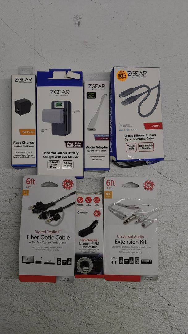 7 Lot of Various Zgear and GE Universal Wires and Charging Equipment, 6Ft Silicone Rubber Charging Cable, Apple 8PIN audio adapter To USB C, Zgear Universal Camera Battery, and Fast Charging USB Charger, GE audio extension Kit, FM transmitter and Fib