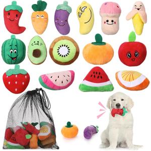 Tasdurian 15 Pack Squeaky Dog Toys with a Carrying Bag Plush Small Dogs Toy Stuffed with Squeakers Irresistibly Cute Fruit and Vegetable for Puppy Interactive Dog Squeak Toys for Fun Teeth Cleaning