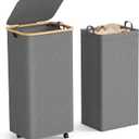 Yecaye 100L Large Capacity Laundry Hamper Foldable Rolling Laundry Basket, Mobile Clothes Hamper with Wheels, Removable Inner Bag, Bamboo Handle Lid Laundry Bin Multi-Use Storage,Grey