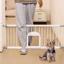 No Pawblems Dog Gate with Small Pet Door, 16"-42.7" Adjustable Metal Short Dog Gate to Step Over, 16.5" Tall Small Pet Gate with 3 Extension Kits, Pressure Mounted Gate for Doorways & Stairs, White