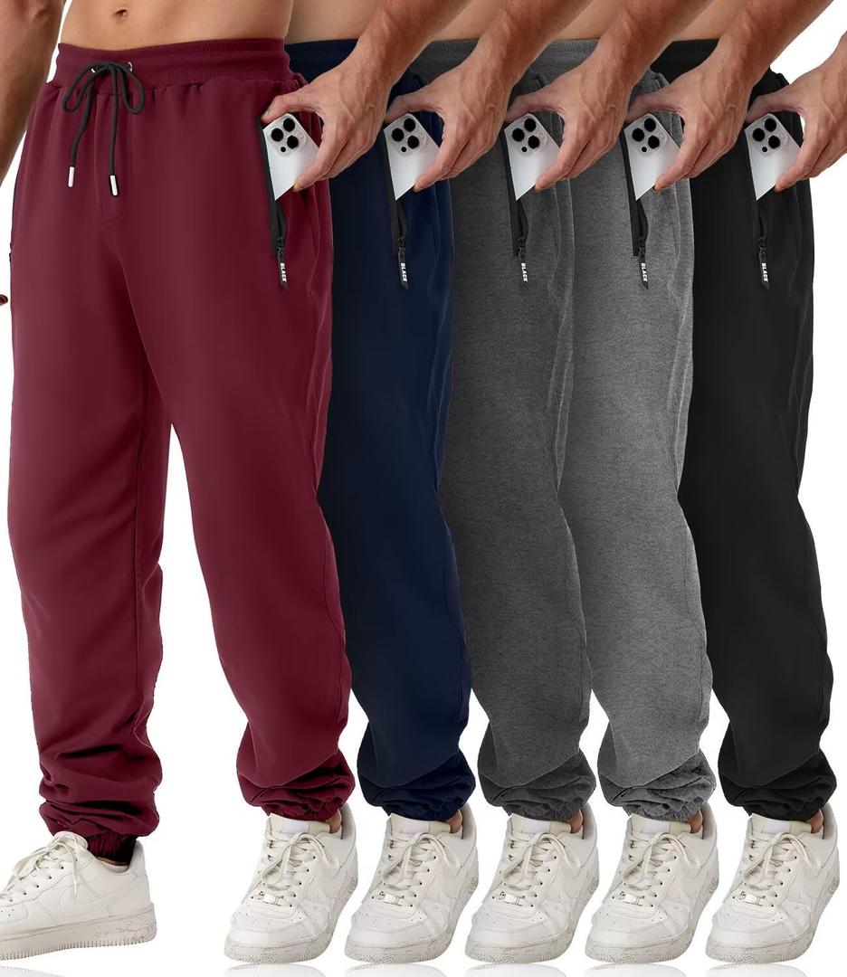 Mens Sweatpants with Zipper Pockets 5 Pack Athletic Joggers for Men Warm Slim Fit Track Workout Running Sweat Pants L