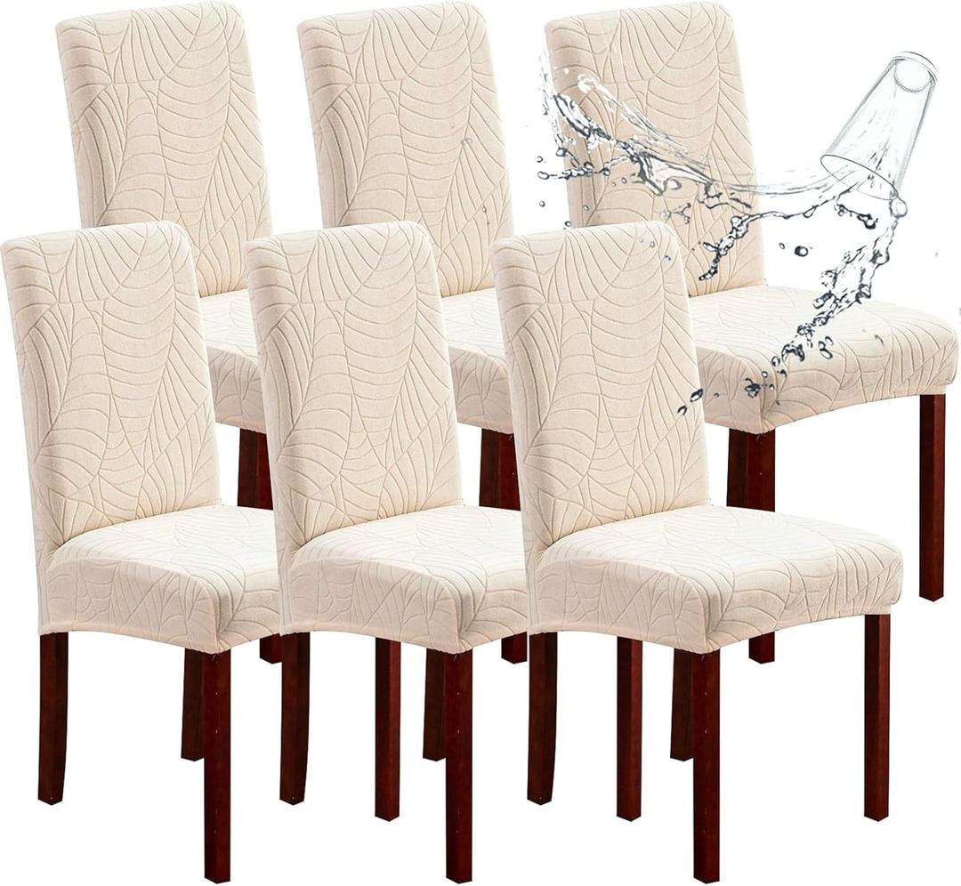Genina Waterproof Chair Covers for Dining Room 6 Pack, Dining Chair Cover Removable Parson Chair Slipcover Chair Protectors Covers for Kitchen (Leaves-Beige, 6 PCS)