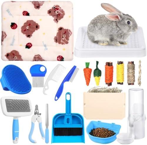 LOYIM 19 Pcs Rabbit Starter Kit Small Bunny Litter Box Animal Grooming Kit Water Bottle Bunny Toys Hay Feeder Bowl Blankets with Cleaning Set for Guinea Pig Rabbit Accessories (White)