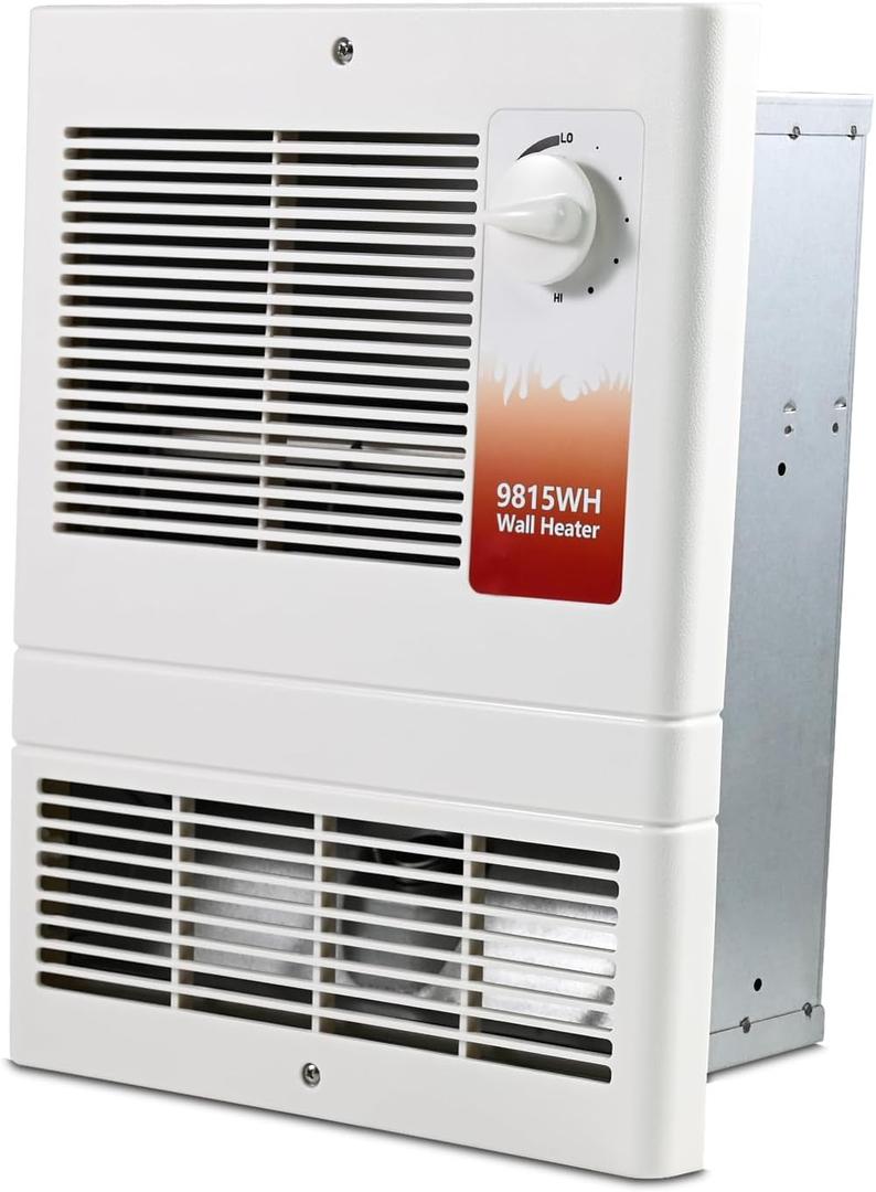 9815WH High-Capacity Wall-Mounted Electric Heater with Built-In Adjustable Thermostat and Silent Motor Delivers 1500W,120/240V Voltage Suitable for Kitchen,Bedroom,Living Room, Corridor, White