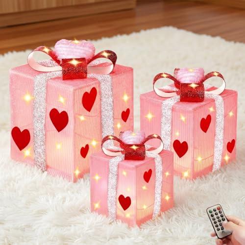 Colingmill 3 Pcs Pink Valentine's Day Decorations Lighted Gift Boxes with Pink Hearts Silver Glitter Fabric 60 LED Battery Operated Present Box for Indoor Outdoor Holiday 6, 8, 10'' Square Boxes