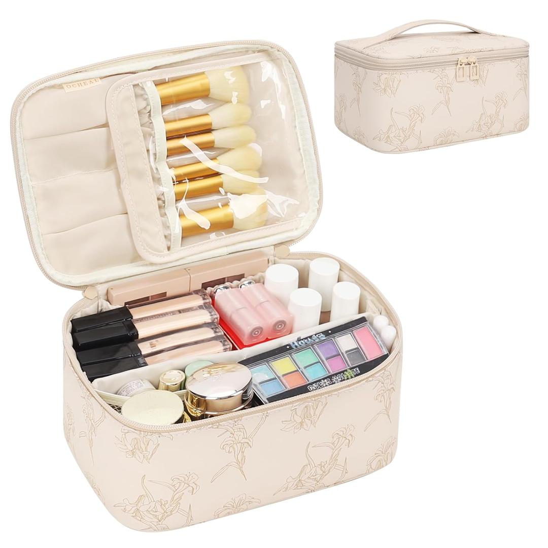 OCHEAL Makeup Bag for Women - Travel Cosmetic Organizer with Brush Slot & Divider, Large Capacity Toiletry Bag for Girls, Travel Makeup Case for everyday Make up Accessories -Beige floral