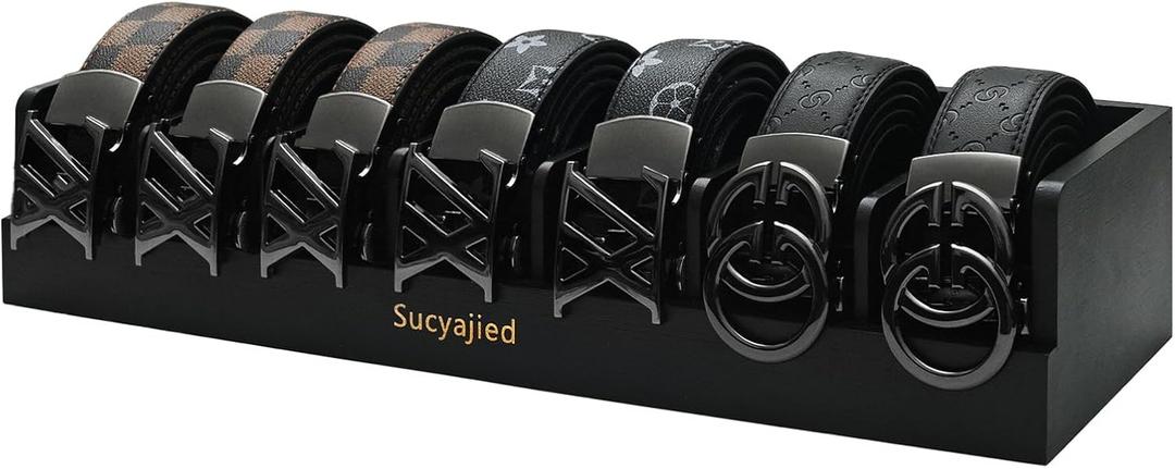 Belt Organizer, 7 Compartments Belt Organizer for Closet and Drawer, Belt Holder Case for Tie and Belt, Bamboo Storage Box for Men and Women (Black, 7)