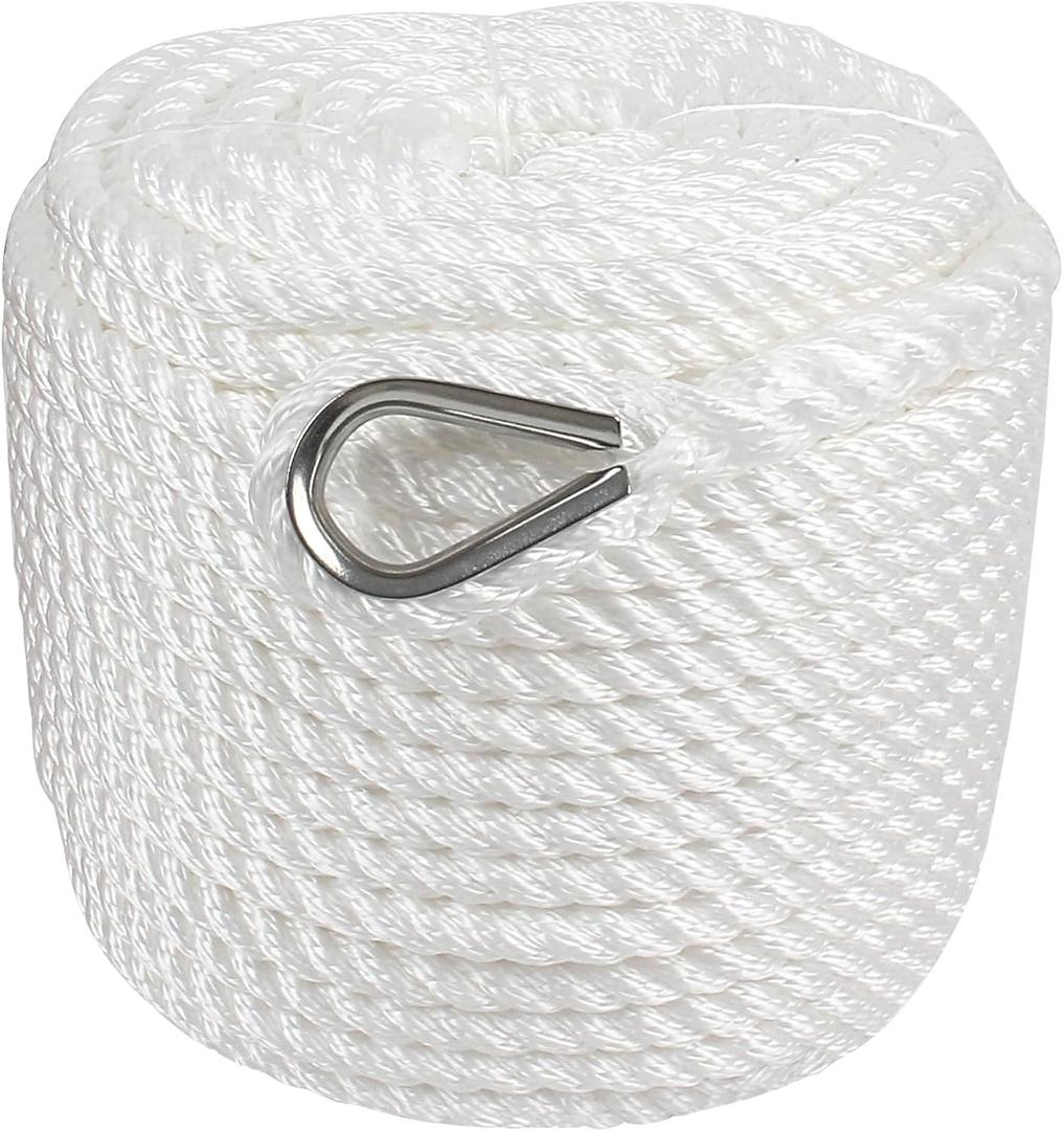 Anchor Rope 300 ft x 1/2 inch Polypropylene 3 Strand Twisted Anchor Line for Boat/Sailboat/Mooring/Pull Lines, Boat Anchor Rope with Thimble, 5850LB Breaking Strain