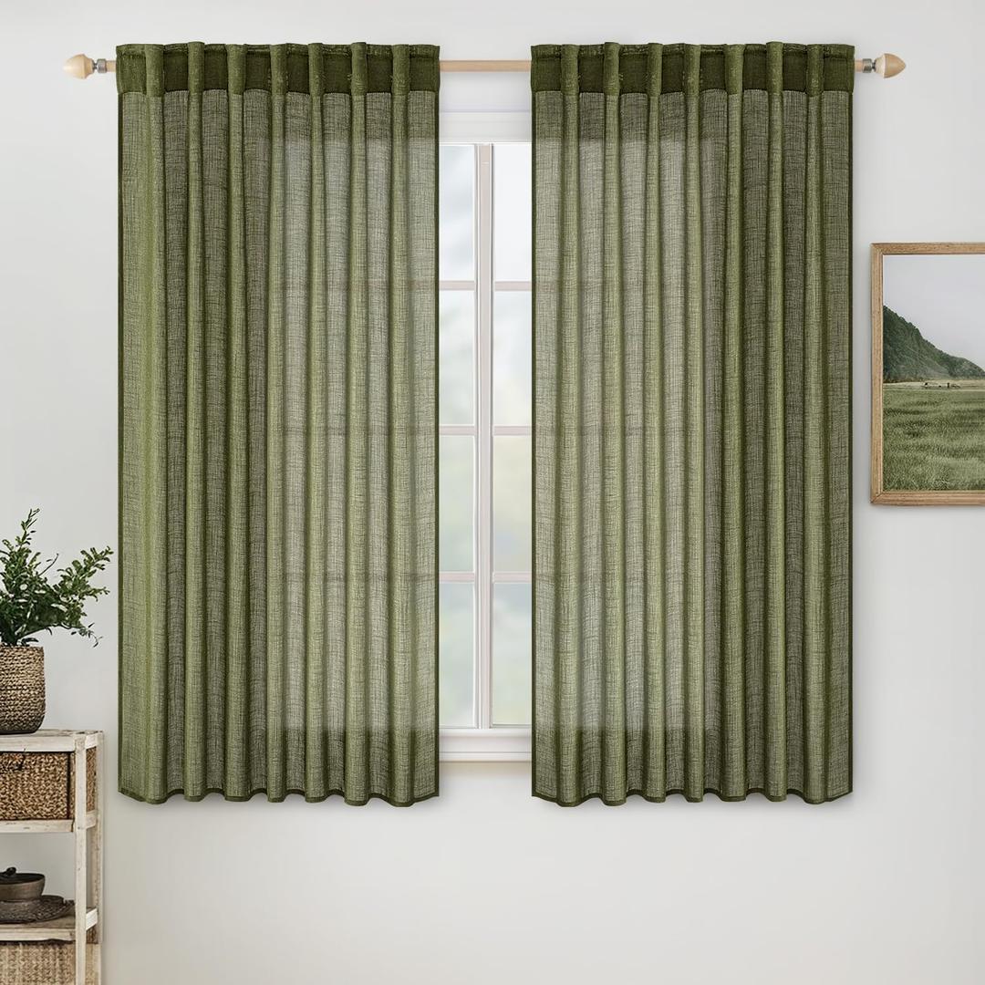 MIULEE Light Olive Green Short Linen Curtains 45 Inch Length 2 Panels for Kitchen Bedroom Bathroom, Soft Linen Textured Natural Window Drapes Semi Sheer Light Filtering Back Tab Burlap Look Decor