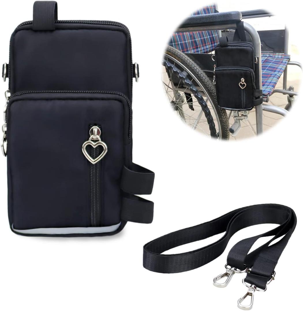 Waterproof Three Pockets Wheelchair Front/Side Frame Pouch with Reflective Strip Easy-to-use Button for Small Essentials Daily Travel, Black