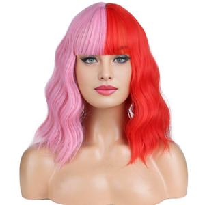 BERON 14 Inches Half Pink Half Red Wig with Bangs Short Curly Wig Pink Red Split Curly Wigs for Women Daily Party or Cosplay Hairnet Include