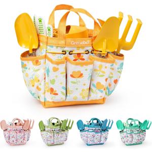 Kids Gardening Set Toys,Includes Metal Trowel,Transplanting Shovel,Garden hat,Rake,Apron,Gloves,Watering Can,and Tool Organizer Bag (Yellow)