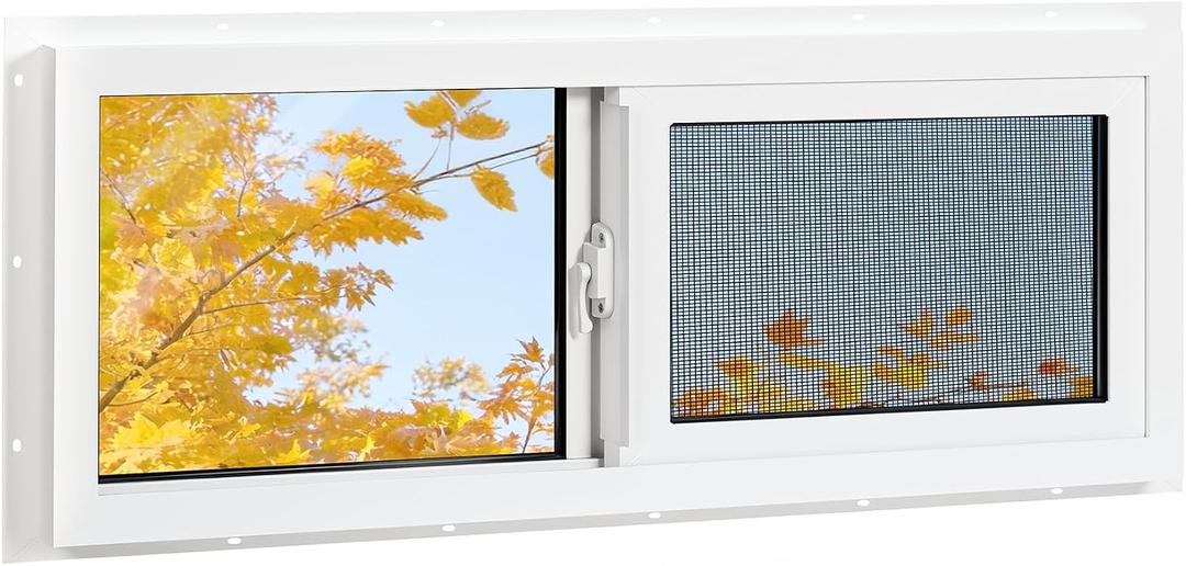 Vinyl Basement Window, Bathroom Sliding Window 24" x 12" White | Double Pane Insulated Tempered Glass and Fiberglass Screen for Basement, Bathroom, Shed