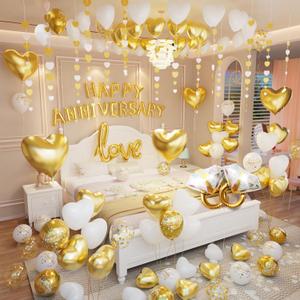 Gold and White Anniversary Decorations, Valentine's Day Decorations, Gold and White Valentine's Day Balloons with Happy Anniversary Banner Heart Balloons Heart Rose Petals for Valentine's Decorations