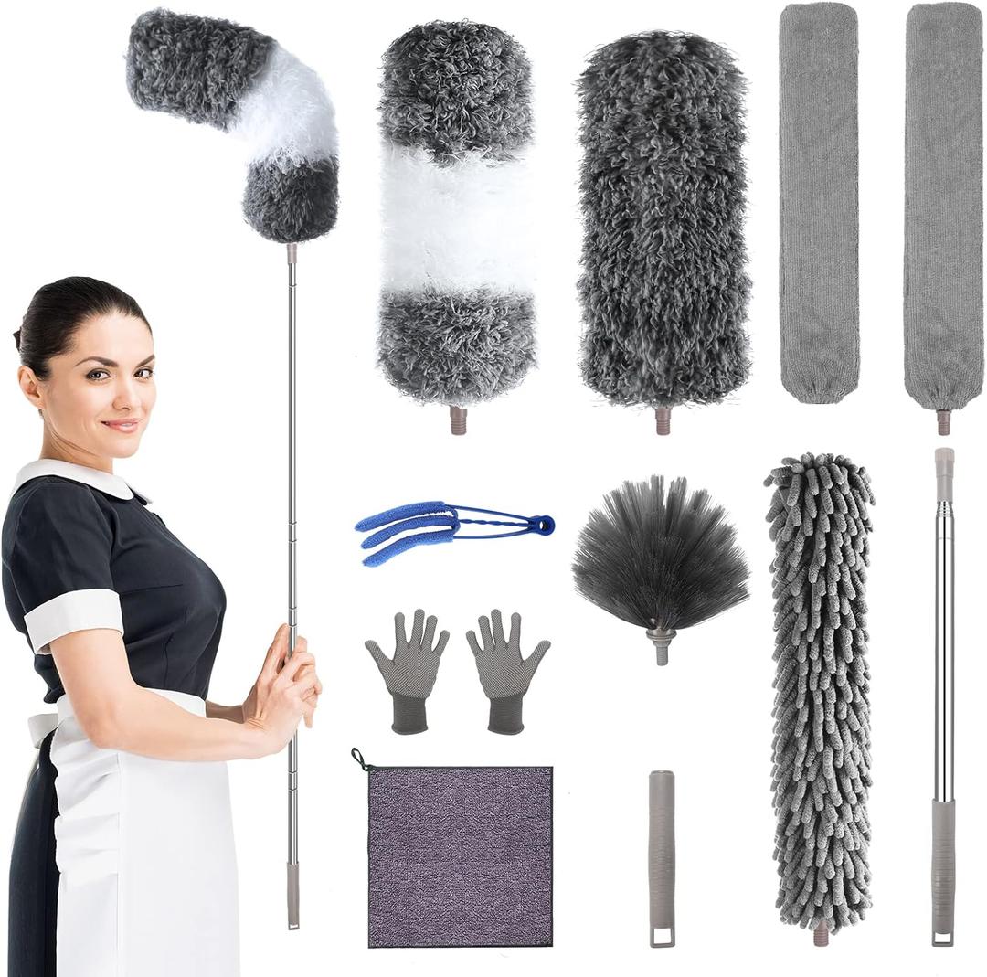 Microfiber Feather Duster with Extension Pole 30 to 100 inches, Reusable, Bendable, Washable Dusters for Cleaning Ceiling Fan, High Ceiling, Blinds, Furniture & Cars, 12PCS