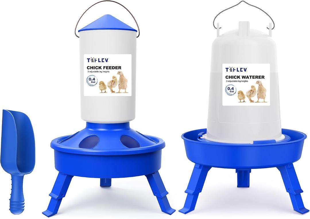 Chick Feeder and Waterer Set with 3 Adjustable Height, Scoop, 0.4Gal Top Fill Chick Feeder and 0.4Gal Waterer Anti-Drown for Raising Chicks in Brooder Blue