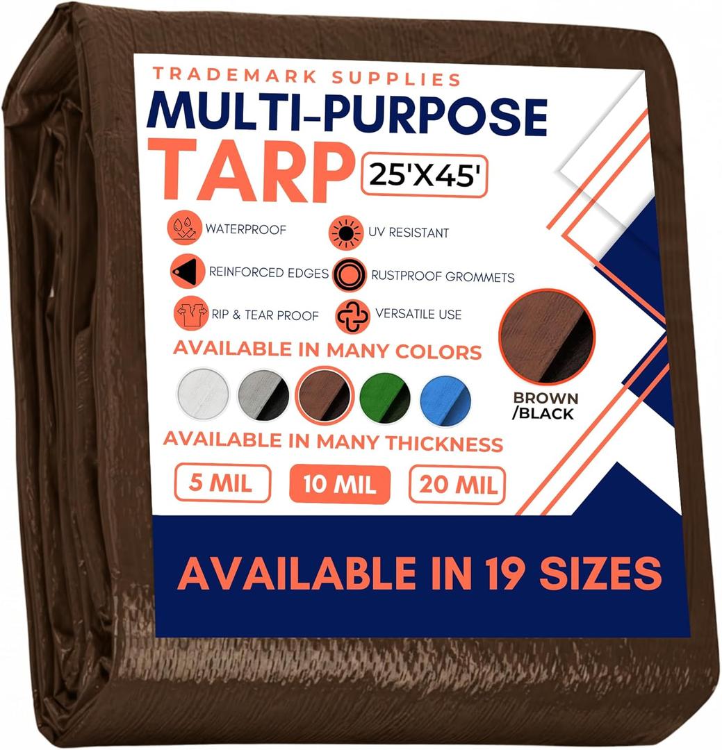 Large Waterproof Tarp - Heavy Duty 10 Mil Thick Poly Tarpaulin Ideal for Canopy Tents, Boats, RV or Pool Covers - Multipurpose Protective Tarps with Grommets for Indoor and Outdoor Use | 25' x 45'