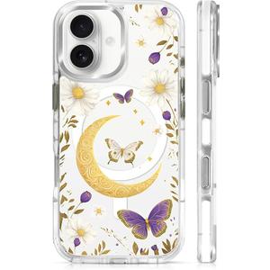 for iPhone 17 Case, Clear with Moon Butterfly Flowers Pattern Compatible with Magsafe Soft Protective Case for Women Girl (White)