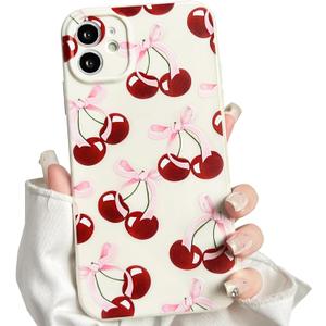 NITITOP Compatible with iPhone 11 Case Aesthetic Cute Bow Knot Cherry Pattern for Women Girls Trendy Bowknot Ribbon Slim Fit TPU Bumper Shockproof Full Camera Protection Cover - White