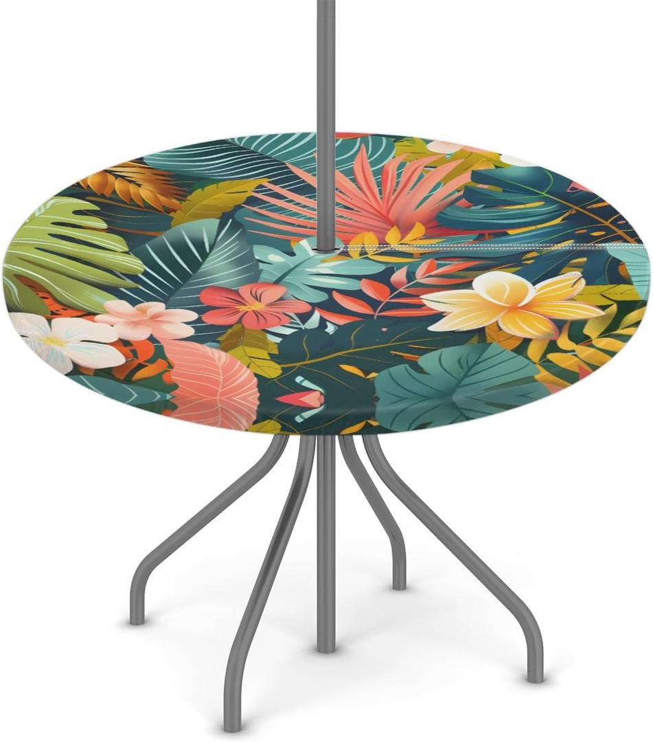 Outdoor Round Tablecloth with Umbrella Hole, Tropical Flowers Fitted Table Cloth with Elastic 36"-44" Waterproof Oil-Proof Circle Patio Table Cover for Picnic Camping Party