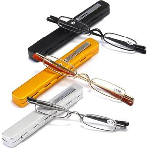 MMOWW Small Reading Glasses Men Women 3 Pairs Slim Pocket Readers with Pen Clip Metal Case Spring Hinge 1.75