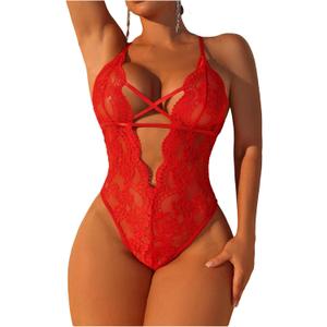 SOLY HUX Women's Floral Lace Criss Cross Lingerie Bodysuit Backless Deep V Neck Sheer Teddy Bodysuits,Small
