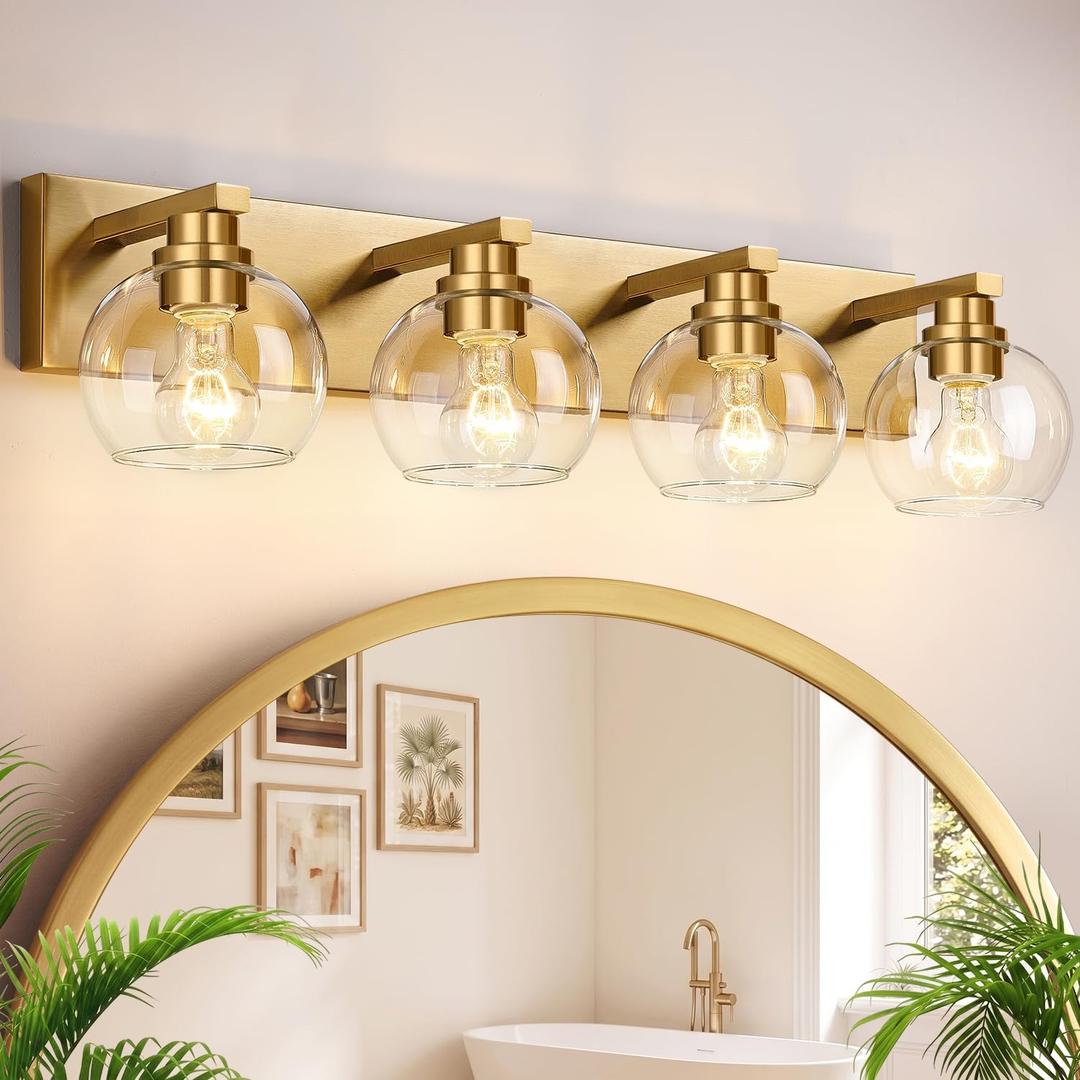 Bathroom Light Fixtures, 4-Light 29 Inch Brushed Gold Bathroom Vanity Light, Modern Wall Sconces with Clear Glass Globe Shades, Vanity Lighting Fixtures Over Mirror, E26 Socket (Bulbs Not Included)