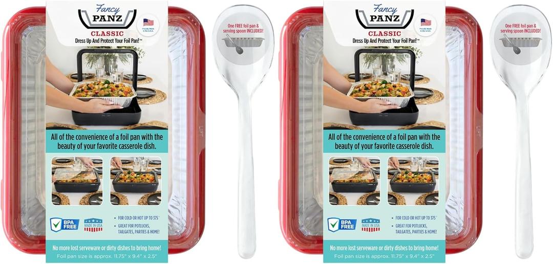 Fancy Panz Bundle - 2 Red Classic Aluminum Foil Pan Carrier with Lid - Elevated Food Serving Tray - Portable Casserole Carrier with Lid - Made in The USA