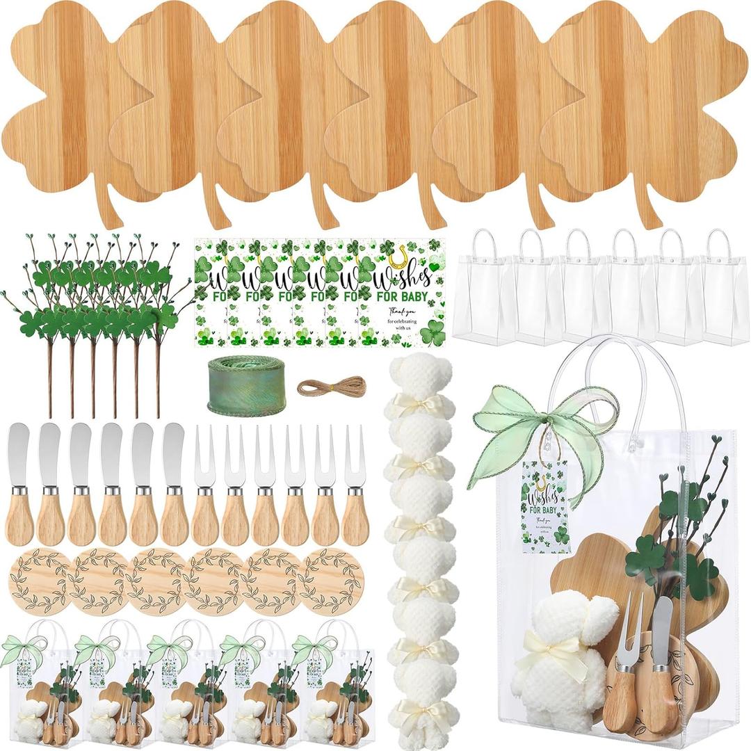 Reallnaive 49 Pcs Baby Shower Prizes for Game Players 6 Set Cheese Board Fork Knives Coasters Towel Leaves Branches Thanks Card and Gift Bag for Baby Showers Wedding Bridal Shower Party(St.patrick's)