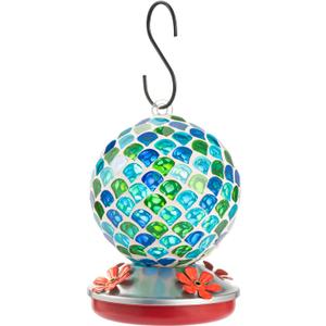 Backyard Expressions Glass Hummingbird Feeder - Blue/Green - Hummingbird Feeders for Outdoors Hanging, Hand Blown Glass Hummingbird Feeder