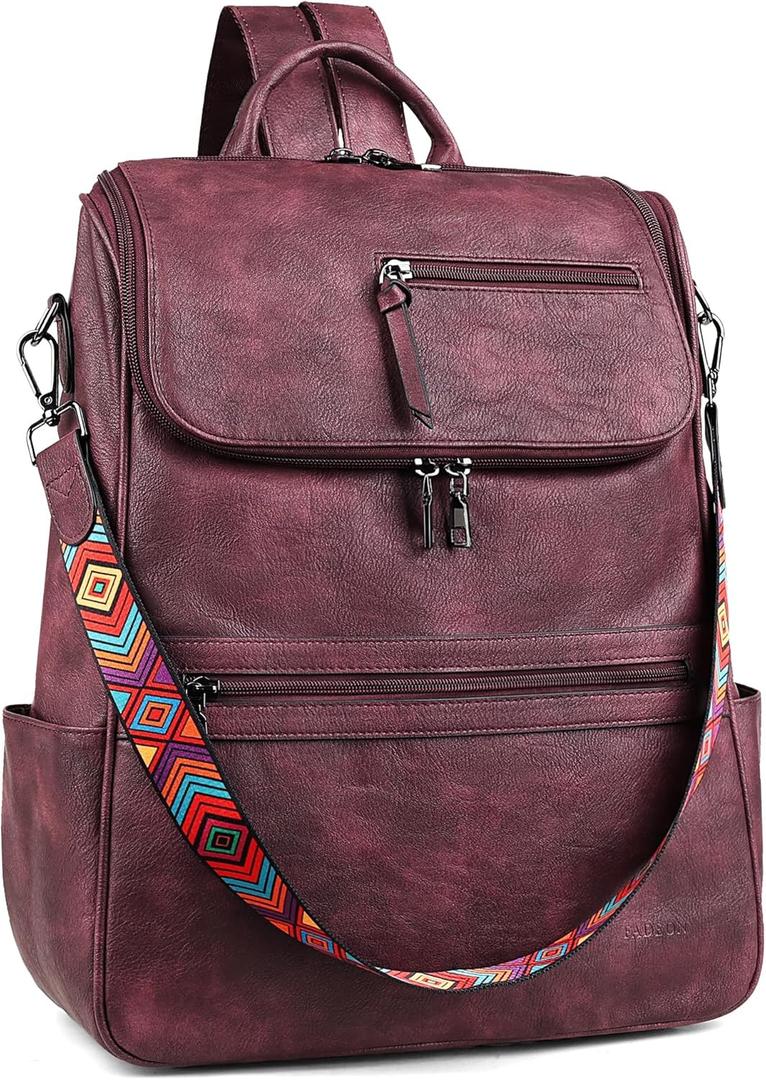 FADEON Laptop Backpack for Women Leather Travel Backpack with Laptop Compartment, Designer PU Shoulder Laptop Bag Red (Wine Red Retro Style)
