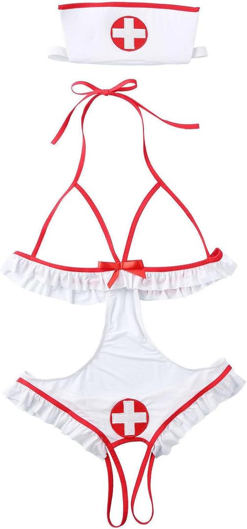 Sexy Nurse Costume Lingerie for Women, 2 Pcs Nurse Lingerie Set with Headband Sexy Halloween Costume Woman 2026 (Large, White)