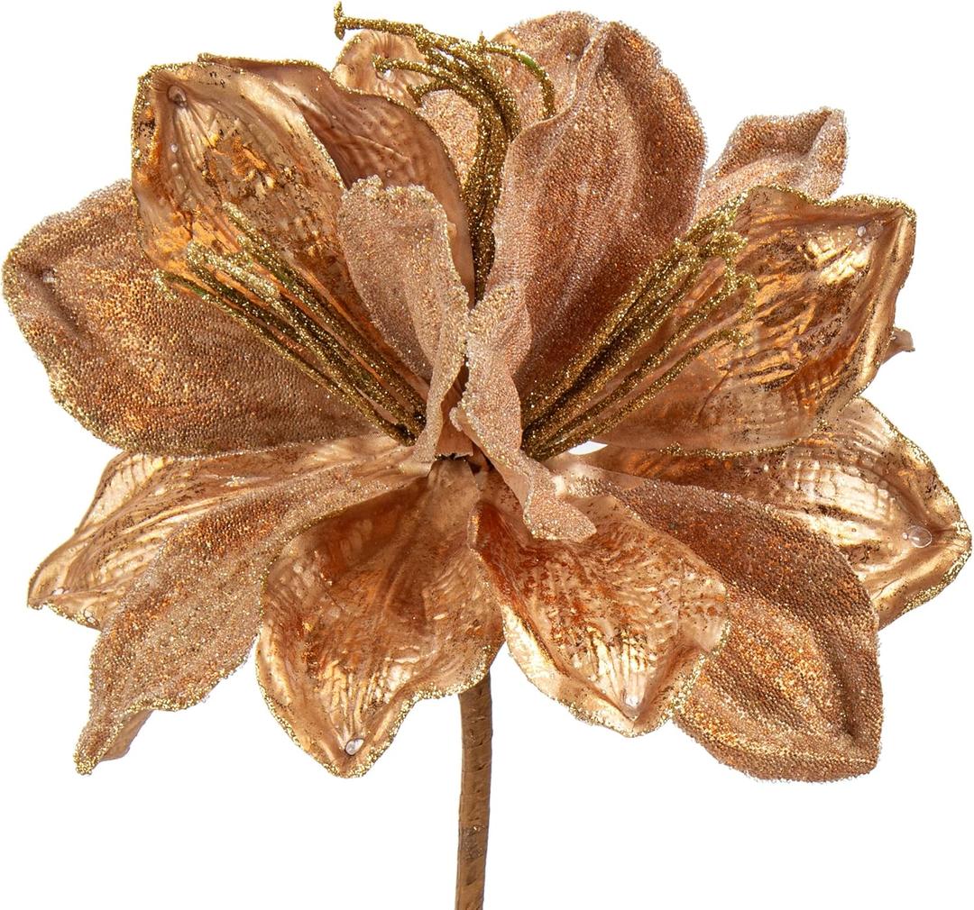 Briful 3PCS Christmas Glitter Poinsettia Flowers 3 Heads Large Artificial Amaryllis Floral Picks 24 Inch Long Stem Fake Flowers Ornaments for Christmas Tree Vase Table Centerpiece Decor (Bronze)