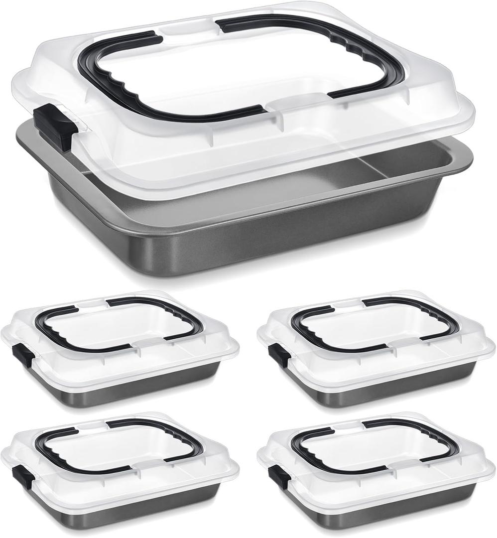 4 Pcs Cake Baking Pan with Lid and Handle, 9 x 13 Inch Non-stick Rectangle Sheet Cake Pan Carrier for Brownie Roasting Cooking Baking (Black Gray)