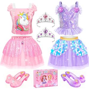 Princess Dress Up CLothes with Princess Shoes, Kids' Dress Up & Pretend Play Costumes for Little Girls, Mermaid & Unicorn Dress Up Toys Set for Toddlers, Christmas Birthday Gifts for 3-6 Role Play