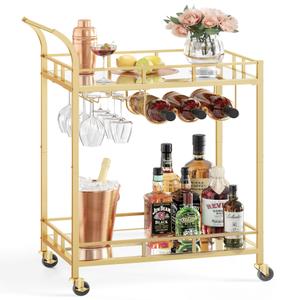 VASAGLE Bar Cart with 2 Mirrored Shelves, Wine Holders, Glass Holders