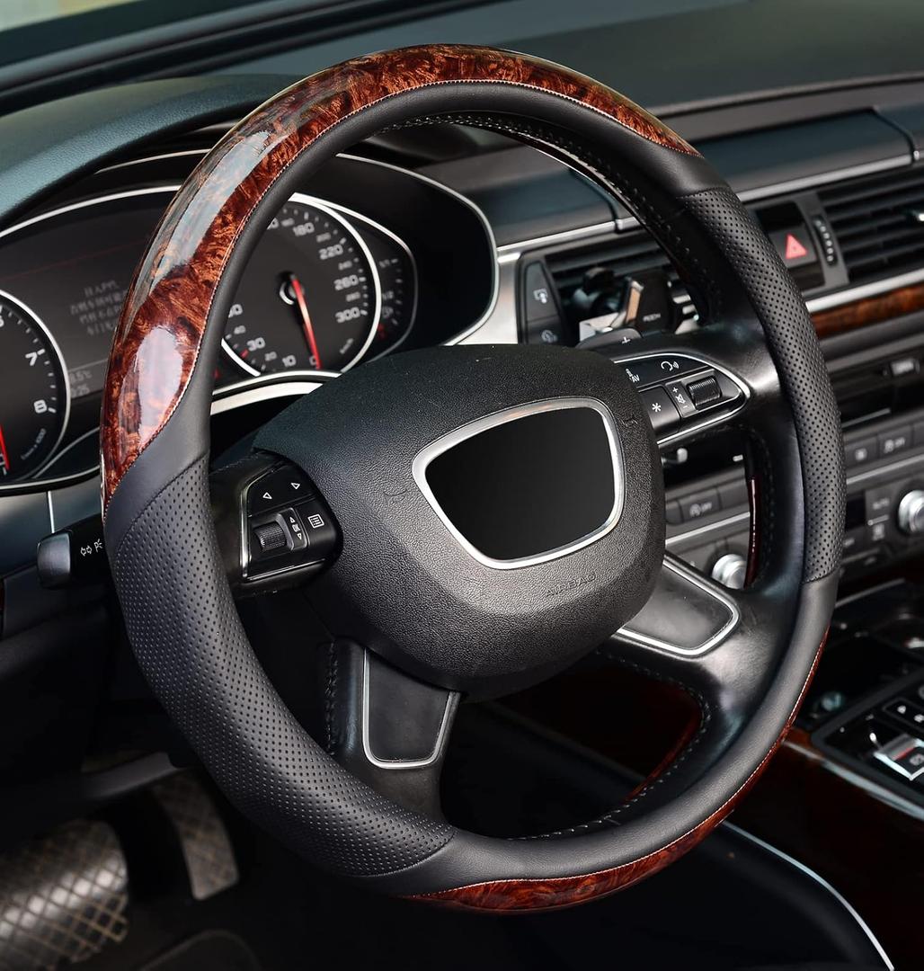 ZHOL Wood Grain Steering Wheel Cover, Universal 15 inch Microfiber Leather Anti-Slip Steering Wheel Protector, Odorless (Standard size[14 1/2''-15''])