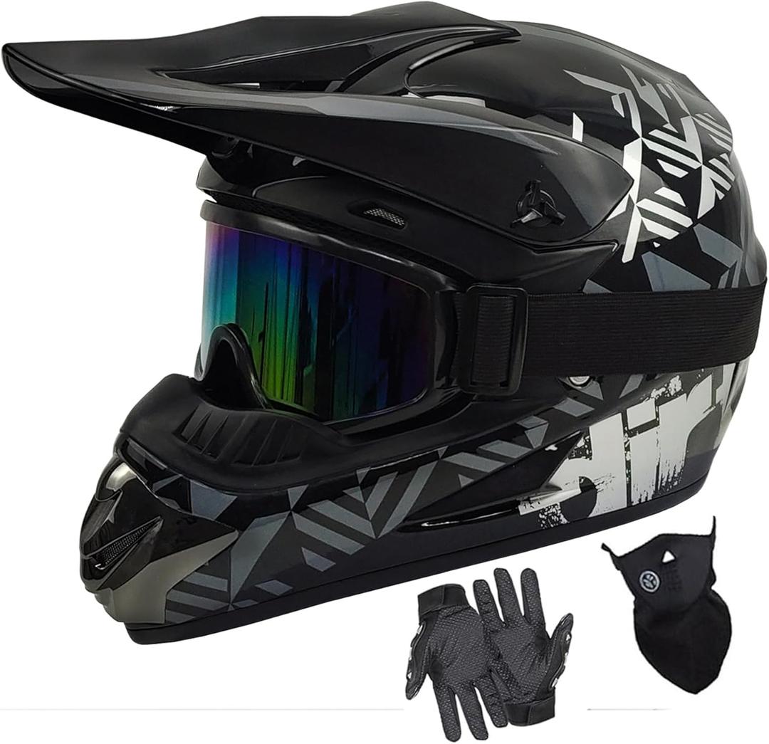 SanQing Youth Dirt Bike Helmets DOT Approved Fashion Kids Motocross, ATV, Off-Road, Four Wheelers, Moutain Bike Motorcycle Helmets (Goggles Gloves Faceshield) (X-Large, Grey)