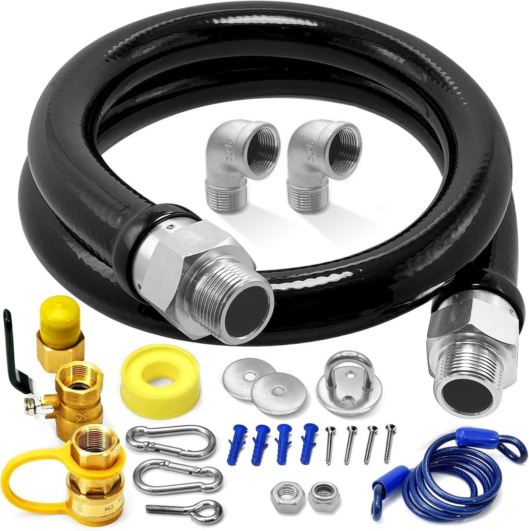 1675KIT48 Safety System Kit, 48" Mobile Gas Hose Connector with 2 Elbows, 3/4" Quick Disconnect, 3/4" Gas Flex Line & Gas Valve, Quick Connect & Disconnect for Commercial Kitchen Equipment.