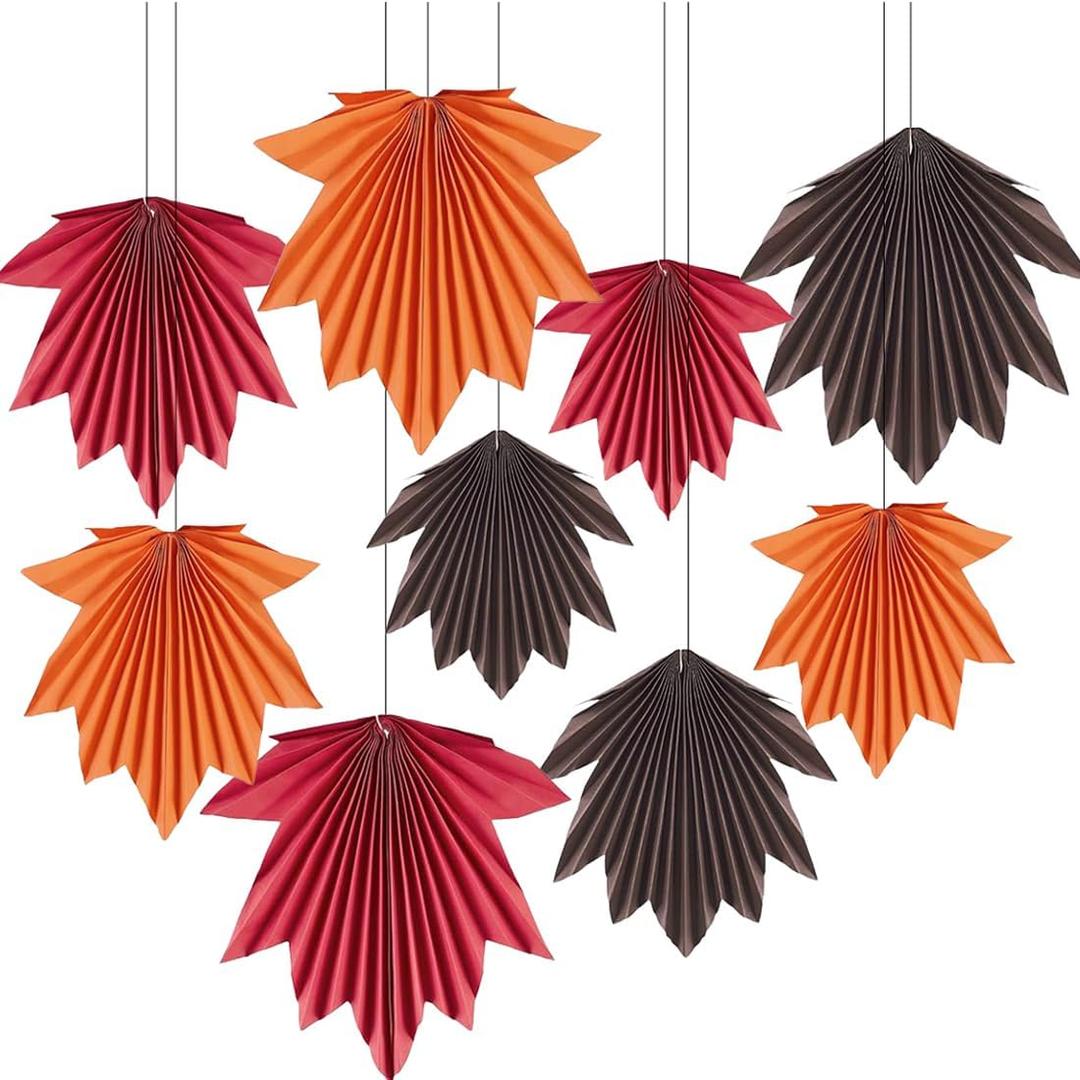 2 x Fall Party Decorations Maple Leaves Paper Fans, 9 PCS Hanging Paper Fans Classroom Decoration for Autumn Thanksgiving Birthday Baby Shower Rustic Wedding