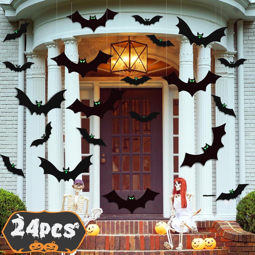 24 PCS Hanging Bats Halloween Decorations Outdoor, Bat Decor Indoor for Yard, Tree, Wall, Plastic Decoration with Glowing Eyes Sticker, Outside Party Home Decorations, black