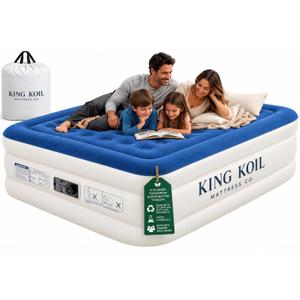 King Koil Air Mattress Queen with Built-in Pump, 20” Raised Airbed | Luxury blow up mattress for guests & home • Inflates in 2 minutes • 650 lb capacity • Patented high-speed pump