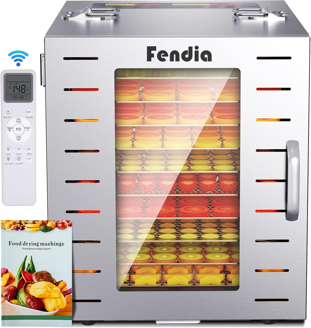 Food Dehydrator for Jerky, Remote Control, Large 10 Stainless Steel Trays, 1000W Fruit Dehydrator, 24H Timer and 194F Temperature Control, Overheat Protection, Food Dryer for Jerky, Fruit, Dog Treats