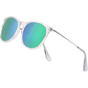 Classic Retro Round Polarized Sunglasses, TAC Mirror Lens Trendy Designer Style Shades for Women Men UV400 Protection, Transparent Frame/Green Lens