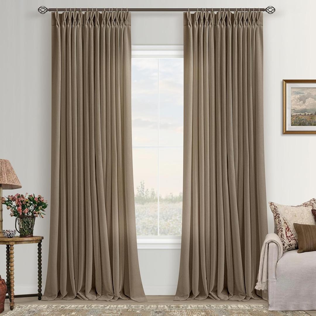 Pinch Pleated 90 Inch Curtains for Living Room Dark Brown Flax Linen Curtains 90 Inches Long Pinch Pleat Drapes Back Tab Boho Farmhouse Light Filtering Semi Sheer for Bedroom Dining Office