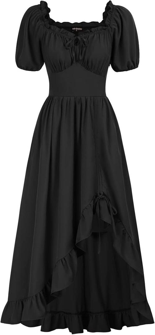 Scarlet Darkness Renaissance Dress Women Cottagecore Corset Dress Ruffle Maxi Dress with Pockets (Black, S)
